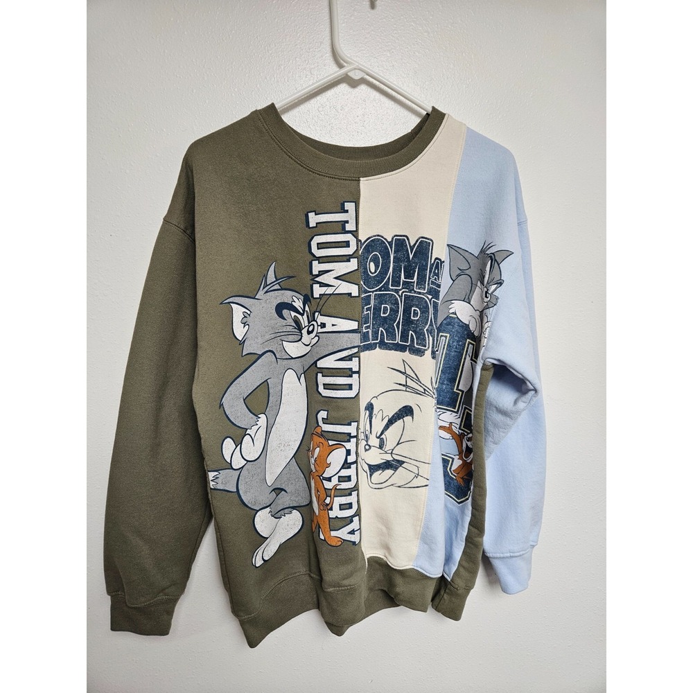 VTG Tom And Jerry Sweater Mens‎ XL Green Graphic Print Split Casual Sweatshirt